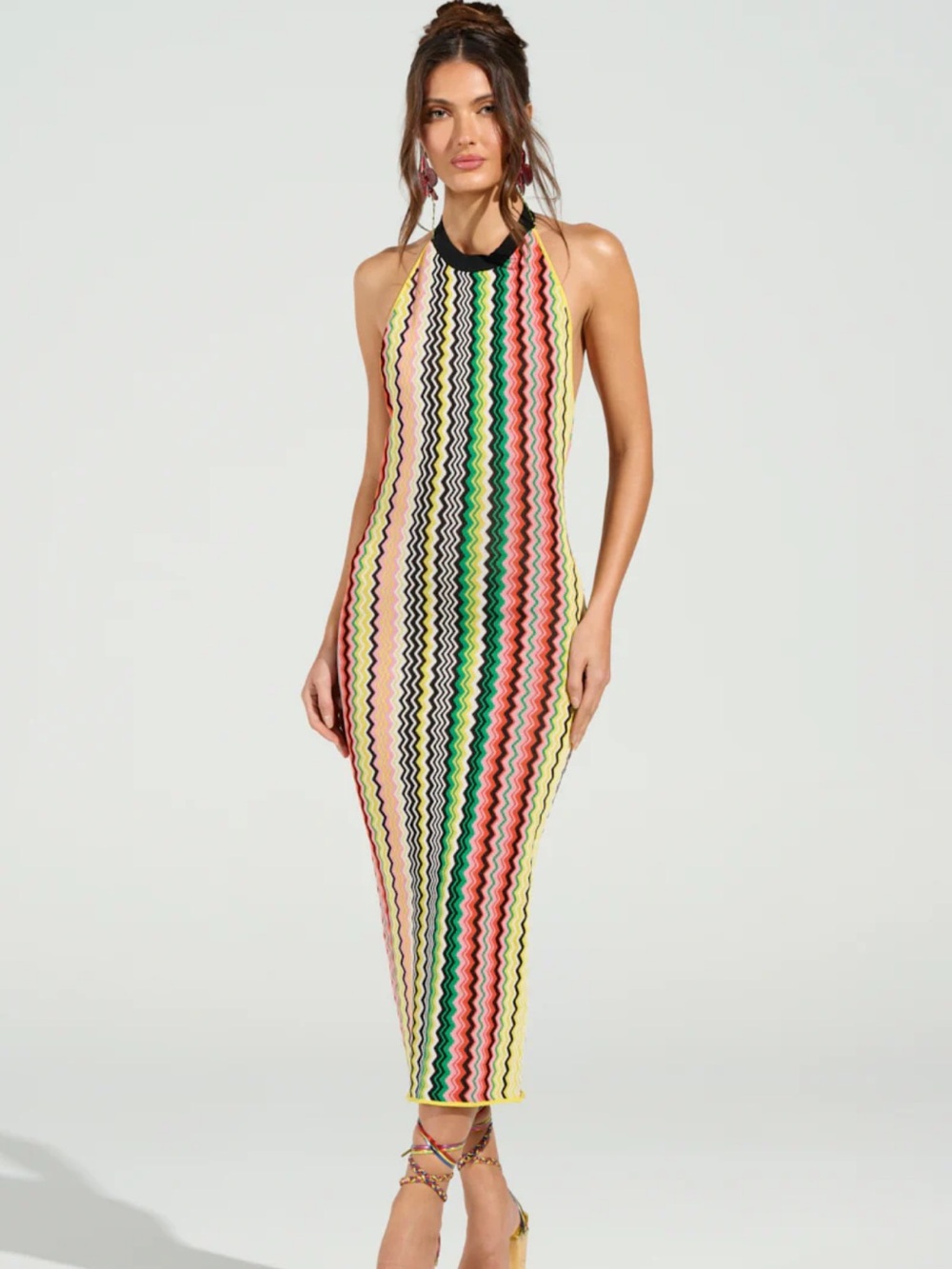 AKIRA Halter Neck Multicolor Zigzag Knit Maxi Dress - On the Run Midi dress